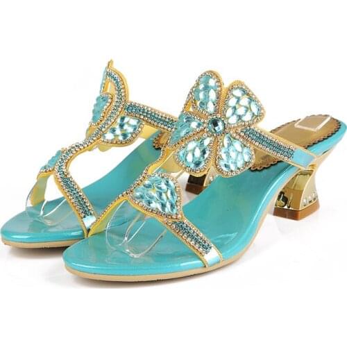 Horse Shoes Heel Slippers Thick High Heel Women Flower Rhinestone Hollow Slippers Casual 6cm High Heel Slippers