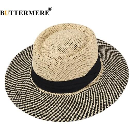 BUTTERMERE Men Panama Hat Summer Straw Pork Pie Sun Hat Wide Brim Male Hand Knitting Black Patchwork Casual Beach Tribby Hat