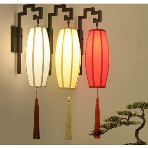 Chinese-Style Lanterns Restaurant Wall Light Metal Frame Fabric Lampshade Balcony Wall Lamp Pastoral Hotel Bedroom Wall Sconces