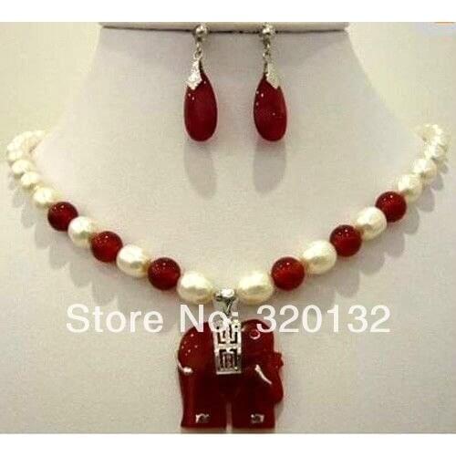 Fashion White pearl red Natural stone elephant pendant necklace earring 2017 Jewellery sets (A0