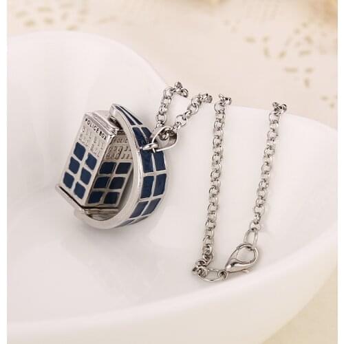 24 Pcs/Lot Blue Telephone Booth Pendant Arbitrary Rotation TARDIS Necklace Classic Jewelry Bulk Wholesale