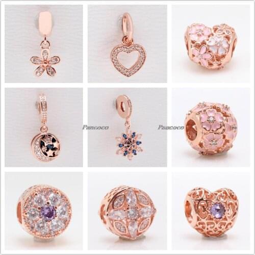 Authentic 925 Sterling Silver ROSE Night Sky & Star With Crystal Pendant Charm Beads Fit Pandora Bracelet & Necklace Jewelry