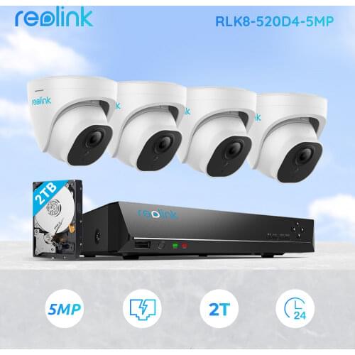 Reolink 5MP Camera System 8ch PoE NVR&4 PoE IP Cameras dome Outdoor HD Video Surveillance Kit 2TB HDD RLK8-520D4 5MP