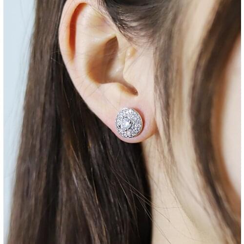 Female Luxury Crystal Round Stud Earrings Vintage Silver Color Wedding Jewelry White Zircon Stone Earrings for Women