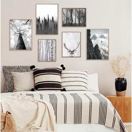 Scandinavian Forest Deer Eagle Black White Landscape Canvas Poster Nordic Wall Art Print Minimalist Painting Living Room Picture