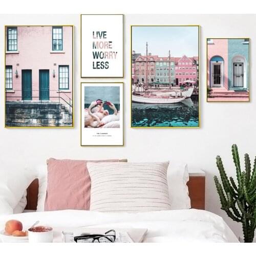 Venice Blue Sea Pink House Landscape Wall Art Canvas Painting Nordic Posters And Prints Wall Pictures For Living Room Wall Decor