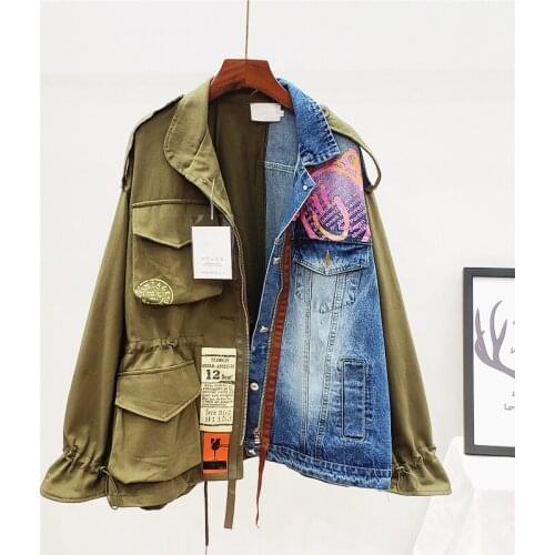 Women Jeans Jacket Harajuku Loose Patchwork Contrast Color Denim Coat Spring Autumn Clothing Streetwear Lady Outwear Veste Femme