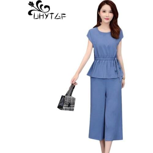 UHYTGF 2 piece outfits for women Fashion noble Female summer sets O neck Slim top+pants Casual lady sports suit 4XL plus size155