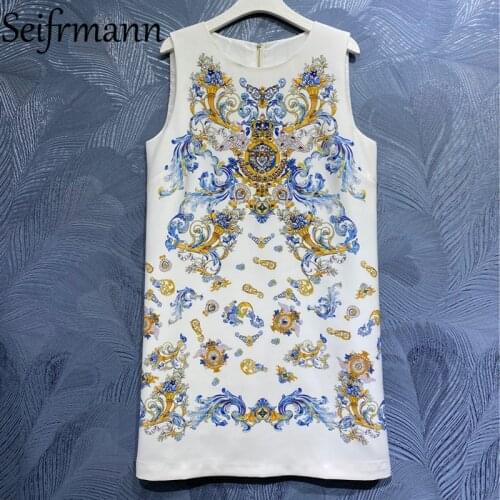 Seifrmann New 2021 Summer Women Fashion Designer Party Mini Dress Sleeveless Gorgeous Crystal Beading Vintage A-Line Dresses