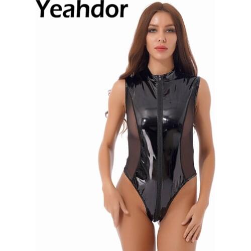 Women Sexy Wet Look Patent Leather Zipper Bodysuit Jumpsuit See-Through Mesh Patchwork Catsuit Sleeveless Mock Neck Leotard