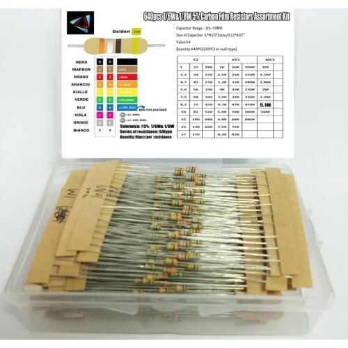 1/6W 5% 640pcs 64 Values 1R - 10MR Carbon Film Resistor Assorted Kit Set