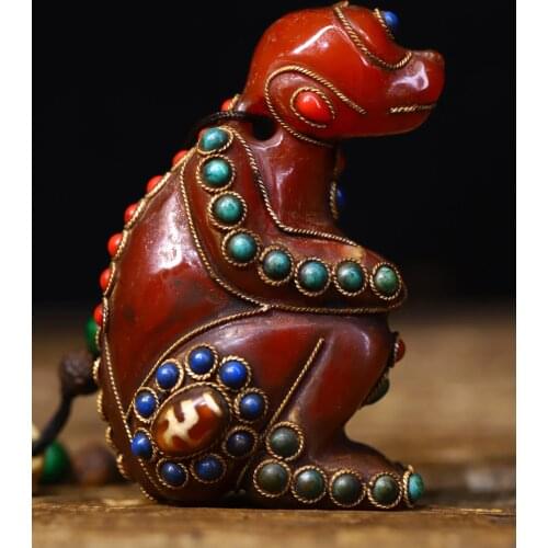 3"Tibet temple Old Natural agate Filigree mosaic Gem Dzi Bead Monkey statue Lucky Monkey Pendant Amulet Town House Exorcism