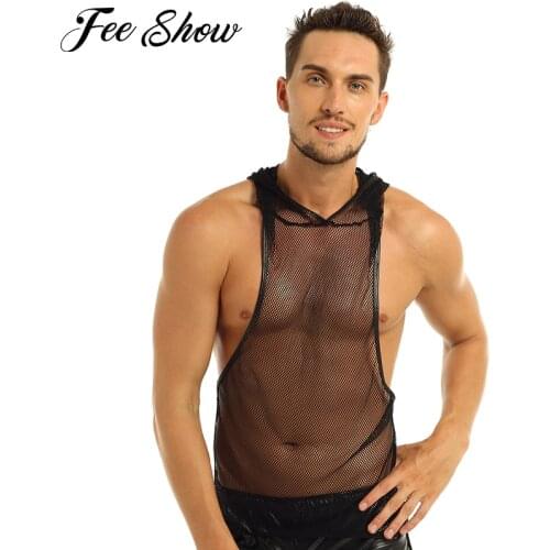 Black Sleeveless Mesh Openwork Fishnet See Through Men Sexy Tank Top Nightclub Evening Party Costume Male Hooded Vest Undershirt