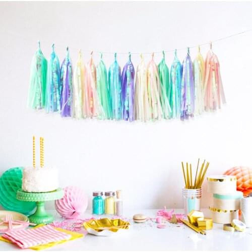 5pcs/bag Paper Iridescent Tassel Garland Paper Banner Tissue Tassel Balloon For Mermaid Baptism Wedding Birthday DIY Party Decor