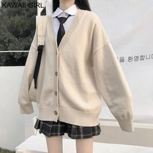 Kawaii College Fashion Jk Cardigan New Loose V-Neck Outer Wear JK Sweater Coat Female Cute Japanese JK School Uniform Women set