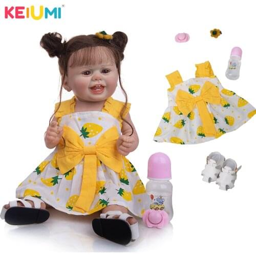 KEIUMI 22 Inch Happy Smile Full Silicone Reborn Newborn Doll Yellow Strawberry Skirt Bebe Doll Reborn Girl Toy For Kids Gift