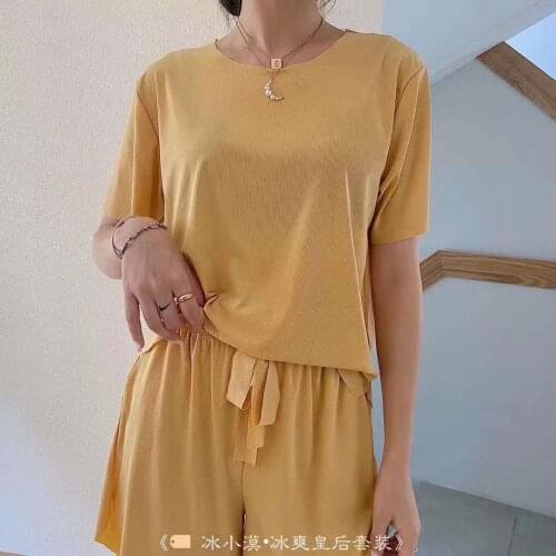 Summer New Womens Pajamas Sets Fashion Casual Home Wear Refreshing Short Sleeve Shorts Nightwear Solid 2Pcs Suit Sleepwear