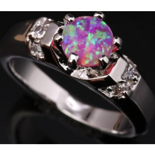 Round Pink Fire Opal White Zircon Silver Plated Argent Party Jewelry Ring Size SF1114