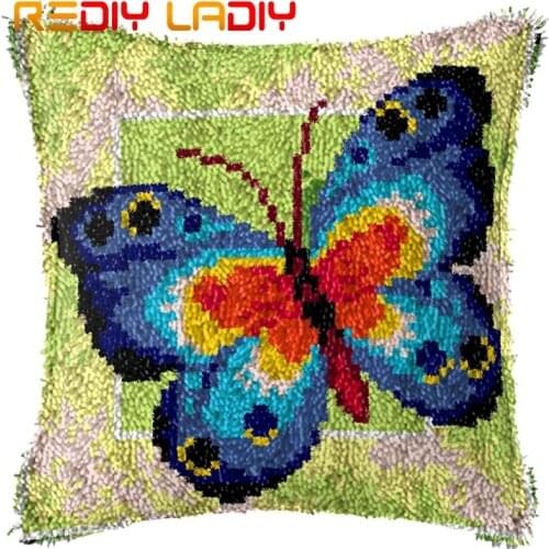 Latch Hook Cushion Blue Butterfly Printed Canvas Cushion Cover Acrylic Yarn Crochet Pillow Case Kits Hobby & Crafts Home Decor