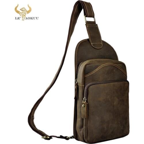 Le'aokuu Men Crazy Horse Leather Casual Vintage Chest Bag Sling Bag Design One Shoulder Bag Crossbody Bag For Male 9977