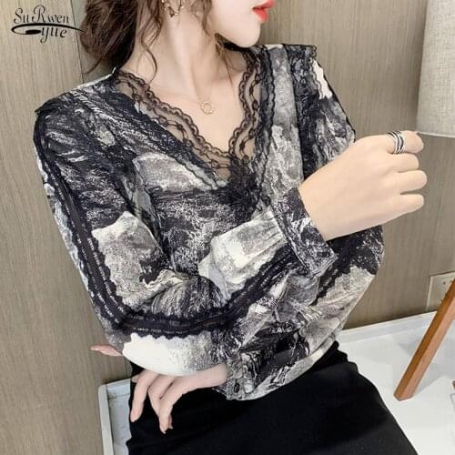 New Fashion Sexy Lace Vintage Women Blouse Casual V Neck Long Sleeve Shirt Women Print Plus Size Office Ladies Tops Blusas 12285