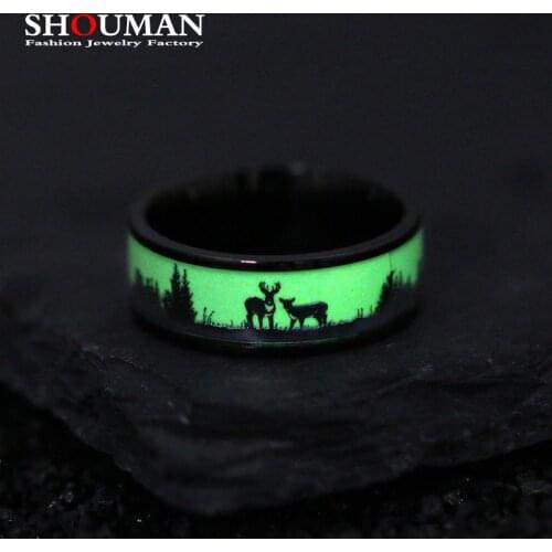 SHOUMAN Wood Grain Luminous Elk Wedding Band Ring for Men Women Personalize Engrave Name Engagement Christmas Jewelry Gift