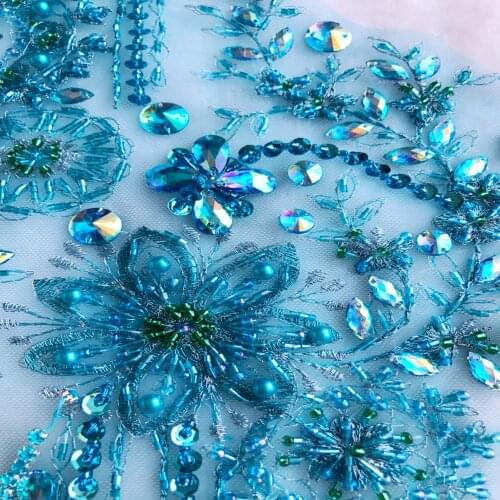 Sew on rhinestones sequins beads light blue lace applique crystal trim patches 47*27cm for dress accessory