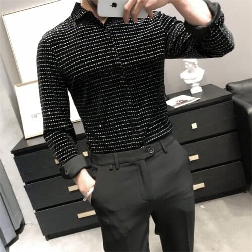 2021 Spring New Quality Gold Velvet Long Sleeve Shirts for Men Clothing Slim Fit Dots Print Casual Blouse Homme Comfortable 3XL