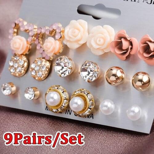 9 Pairs/Set Pearl Flower Crystal Studs Earrings Women' Girls Elegant Rose Flower Heart Ear Studs Earring Jewelry Gift