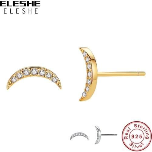 ELESHE 925 Sterling Silver Exquisite Moon Stud Earrings with CZ Zircon 18K Gold Plated Small Earrings for Women Trendy Jewelry