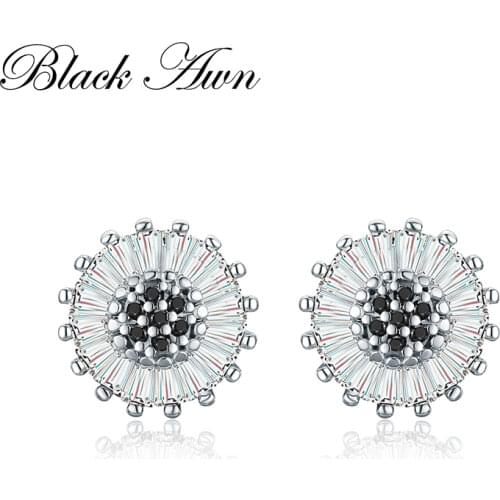 [BLACK AWN] 925 Sterling Silver Jewelry Black Spinel Engagement Stud Earrings for Women Classic Flower Bijoux I013