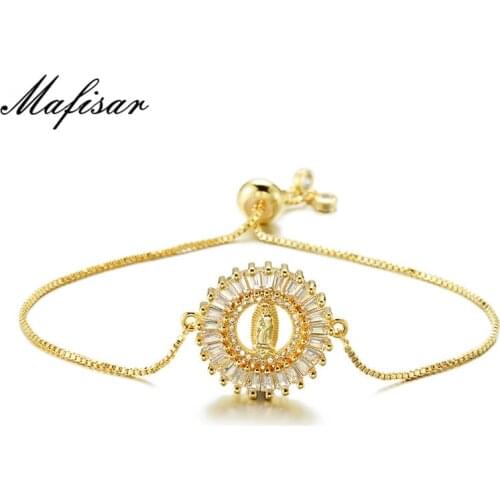 Mafisar Classic Gold Christian Jewelry Clear CZ Stone Blessed Virgin Mary Charm Bracelets Adjustable Female Prayer Jewelry