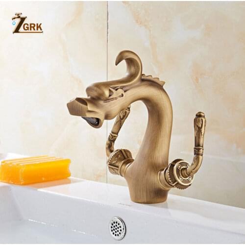 ZGRK Basin Faucets Dual Handle Hot Cold Mixer Taps Bathroom Faucet Deck Mounted Antique Brass Sink Tap