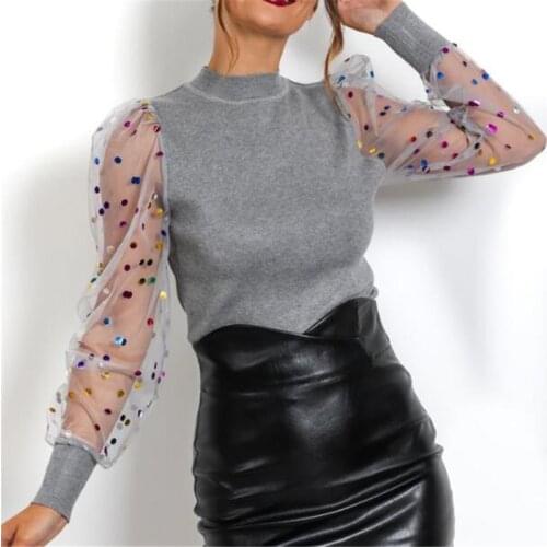 Women Spring Blouse See-through Long Sleeve Shirt Blouse Fashion Office Lace Transparent Polka Dot Knitted Shirt Female Blusas