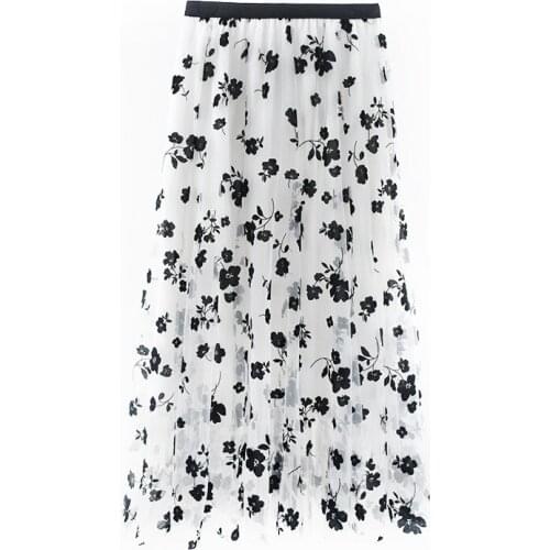 Ladies Vintage Floral Autumn Winter Skirt Women Casual Elastic High Waist Midi Pleated Mesh Tutu Skirt Women Tulle Skirt Female