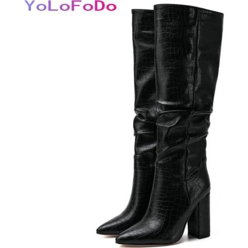 Black Wine Red Beige 2021 High Quality Women Knee High Boots Fashion Pleated Pointed Toe Women Boots Winter Square Heel Shoes