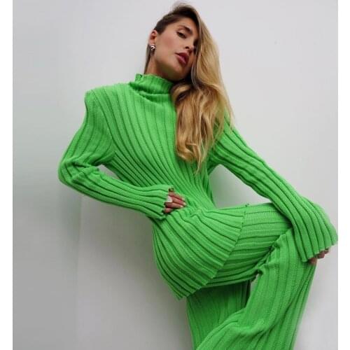 High Quality 2021 Winter Turtleneck Sweater 2 Piece Sets Long Sleeve Casual Fashion Outfits Women Sets Ribbed Knitted Trousers