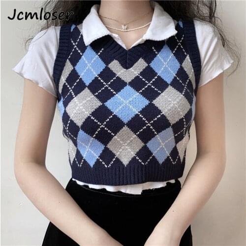 2020 Retro women knitted sweater vest V neck sleeveless Argyle Sweater loose female waistcoat tops Autumn Preppy Style jumper