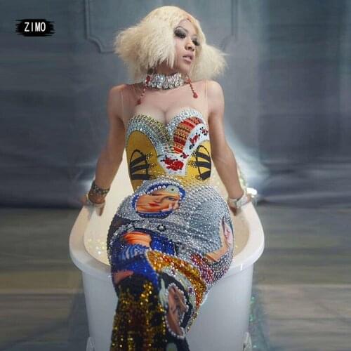 Luxury Pearl Rhinestone long Dress Party club for women Sexy 3d Print Colorful tight chic designer clothes runway Prom Birthday