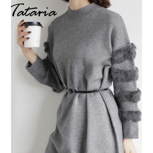 Long Sweater Dress Women Loose Real Rabbit Fur Pull Femme Women Sweaters And Pullovers Knitted Sweater Dresses For Winter