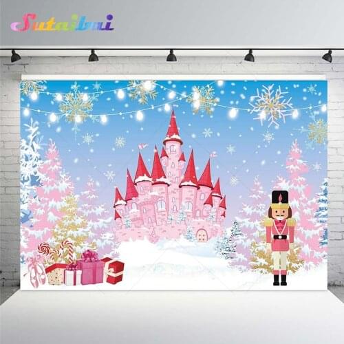 Winter Snow Christmas Royal Pink Castle Backdrop Girl Princess Birthday Party Xmas Tree Gift Decor Baby Shower Photo Background