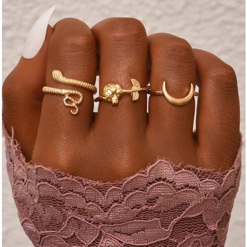 3 Pcs/Set Gold Snake Moon Rose Flower Rings Set Fashion Geometric Bohemian Rings for Women Jewelry Gifts