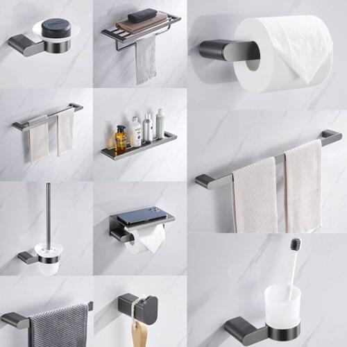 Gunmetal Bathroom Accessories Brush Holder Double Towel Bars Towel Hanger Paper Shelf Robe Hook Tumbler Holder Hardware Set Grey