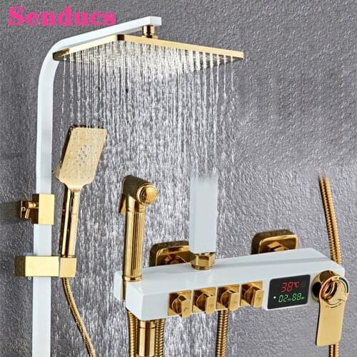 White Gold Bathroom Shower Set Senducs Luxury Digital Shower Mixer Set Quality ABS Rainfall Shower Head Thermostatic Shower Sets