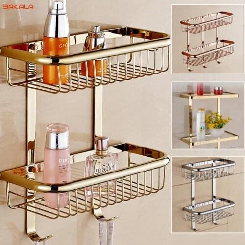 Free Shipping BAKALA Brass Bathroom Shelves With Robe Hook 2-Tier Bathroom Storage Basket Wall Mount Bathroom Shelf BR-6