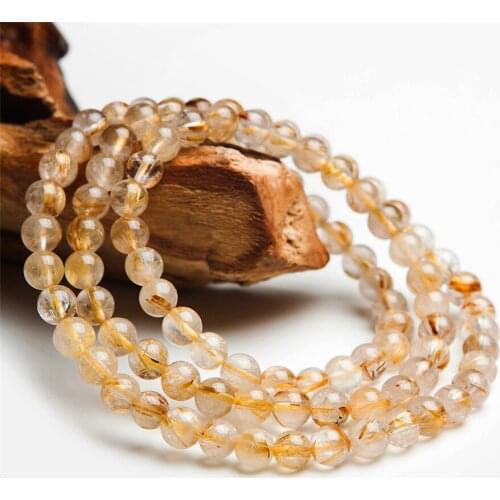 6mm Natural Rutilated Quartz Bracelet Three Laps Stretch Crystal Round Bead Bracelet Woman Lady