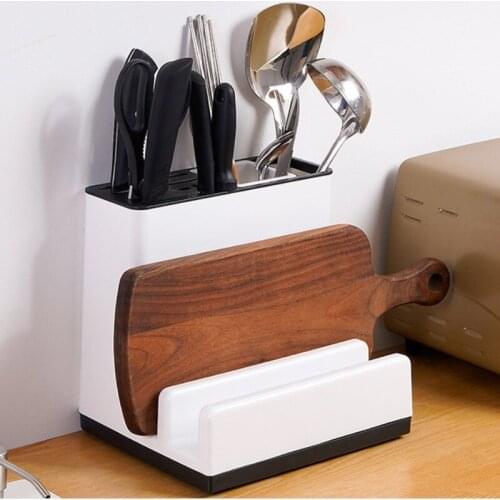 Kitchen Utensil Holder Plastic Knife Block with Drainboard Tableware Cutting Board Storage Rack Shelf Kitchen Organizer