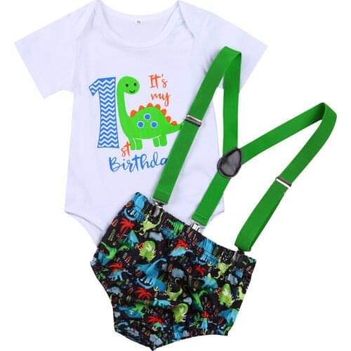FOCUSNORM 0-18M Baby Boys Two-piece Clothes Set Short Sleeve Letter Animal Printing Romper + Suspender Shorts