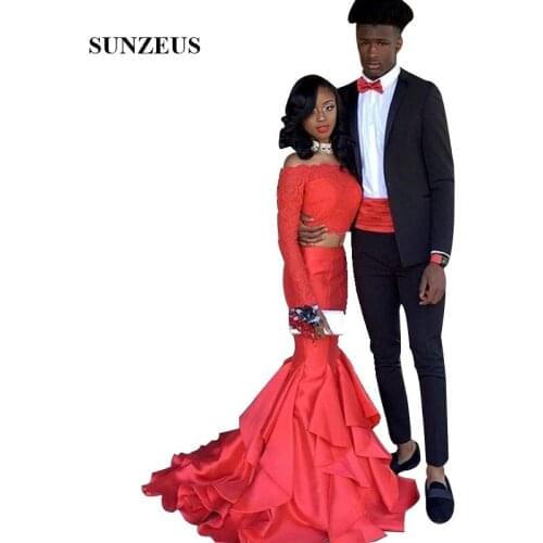 Two Pieces Red Prom Dress Long Sleeves Lace Crop Top Party Gowns Floor Length Girls Dress With Ruffles Skirt