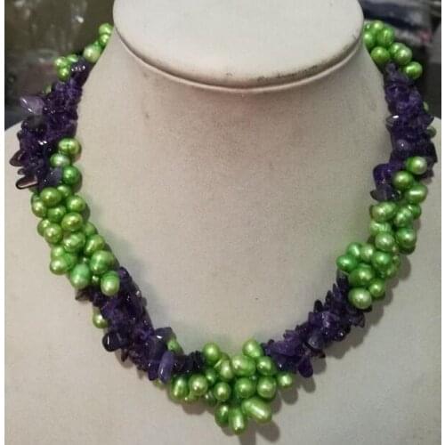 Fashion 3 row Green Freshwater Pearl Purple crystal necklace 18"